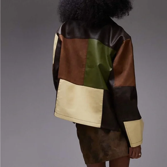 Topshop Contrast Panel Faux Leather Jacket in Multi - Picture 3 of 3